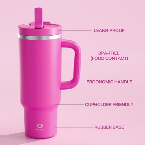 Image of ENCOOL 40 oz Tumbler with Handle and Straw: Stainless Steel Insulated Tumbler Keeps Cold for 24 Hours, Leakproof Travel Cup Fits in Cup Holder and BPA-Free,Persian Rose