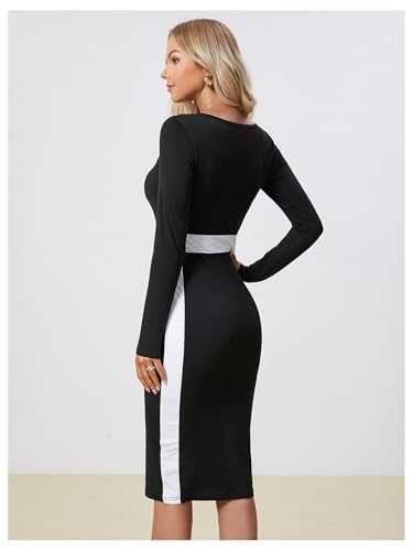 Image of SOLY HUX Women's Midi Dress Color Block Square Neck Long Sleeve Bodycon Dresses