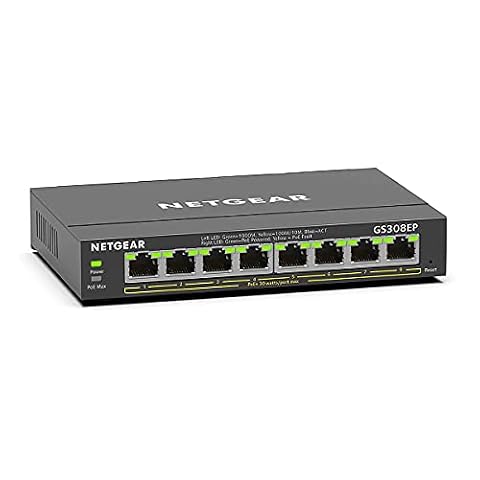 Netgear przełącznik GS308EP 8-portowy Gigabit Ethernet LAN PoE Switch Plus, przełącznik sieciowy 8x PoE+ 62 W, zarządzany z IGMP Snooping, QoS, VLAN, Plug-and-Play, metalowa obudowa bez wentylatora