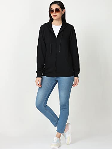 Image of Wafaa Women's Cotton Plain Hooded Neck Full Zipper Sweatshirt Hoodies with Kangaroo Pocket