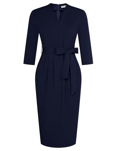 Office Dresses V Neck 3/4 Sleeve Church Dresses for Women Midi Pencil Dress L Navy Blue