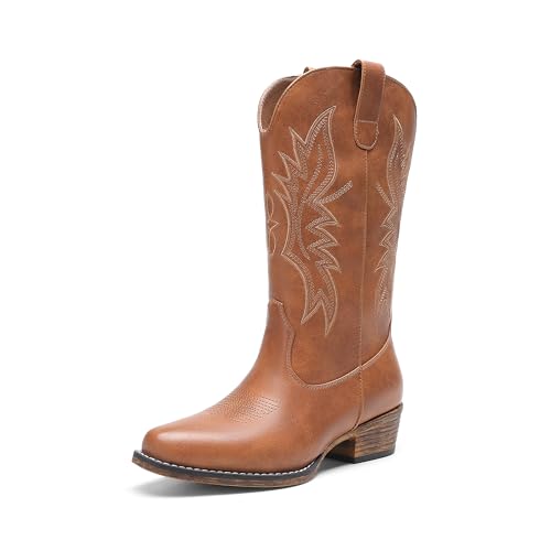 DREAM PAIRS Botas vaqueras para mujer, botas vaqueras occidentales de media pantorrilla, puntera cuadrada, bordadas, tacón bajo y grueso, botas de moda, Beige Bronceado, 36 EU