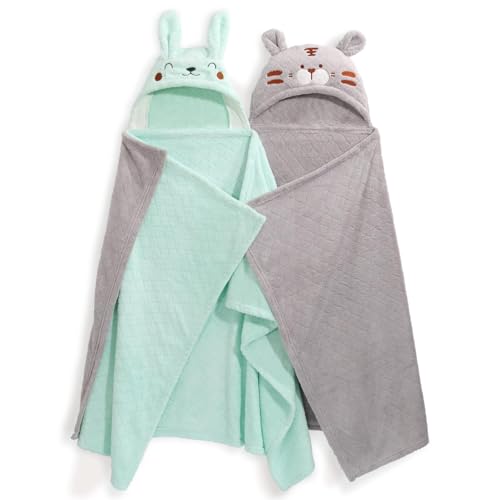 Image of WODHOY Toddler Towels with Hood Age 0-5,2Pcs Coral Fleece Baby Bath Towels Hooded, Large Size 50 * 32 Inch for Kids Bathroom Towel,Ultra Absorbent and Soft and Thick Green&Grey Set