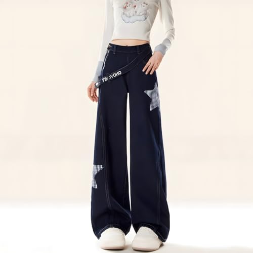 Y2K Gothic Grunge Kawaii Clothes Vintage Casual Straight Wide Leg Plaid Stars Applique Decor Jeans for Women2