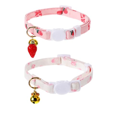 2 Collari rosa per gatti, collari per gatti, collari per gatti, in cotone, con collare rimovibile, fragole rimovibili, ciondolo a forma di cuore bianco, per ragazze e gatti
