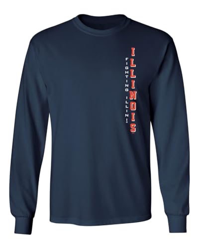 CornBorn Illinois Mens Tshirt - Long Sleeve Vertical Illinois Fighting Illini - Navy Blue - XL