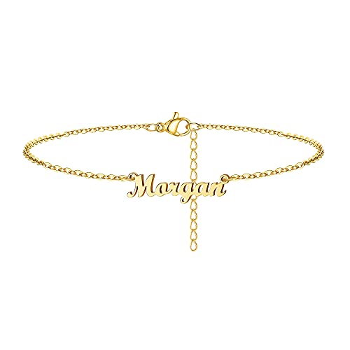 Estendly Personalized Name Anklet Bracelet 14K Gold Plated Made with Morgan Name Link Chain Anklet Gift for Women