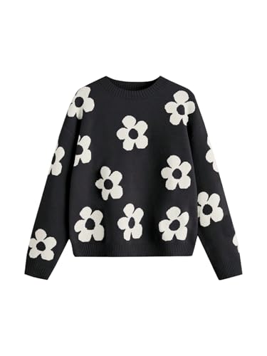 Image of BEAUDRM Girl's Cute Bow Sweater Crew Neck Long Sleeve Drop Shoulder Loose Pullover Tops