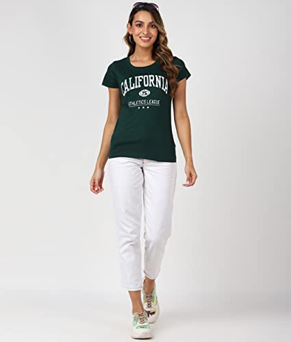 Image of UrbanMark Women 100% Cotton Round Neck Text Printed Half Sleeves T-Shirt - Green