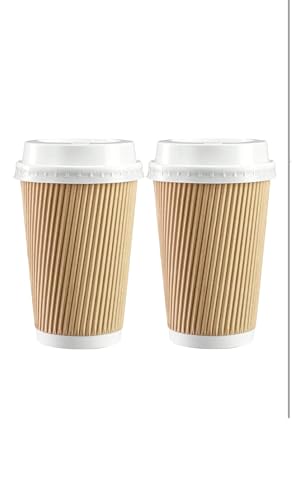 George Pack [16 oz. - 475 ml - 50 Sets] Insulated Kraft Ripple Paper Hot Cups, Disposable Coffee Cups with Lids - Ideal for Hot Beverages, Travel