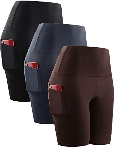 NELEUS Women's Compression Shorts High Waist Running Yoga Shorts with Pockets,3 Pack,Black/Grey/Coffee,US 2XL,EU 3XL