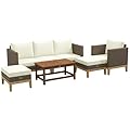 Outsunny Wooden Patio Furniture Set with Thick Padded Cushions, 5-Piece PE Rattan Sectional Sofa with Acacia Wood Top Coffee Table, Outdoor Conversation Set, Cream White