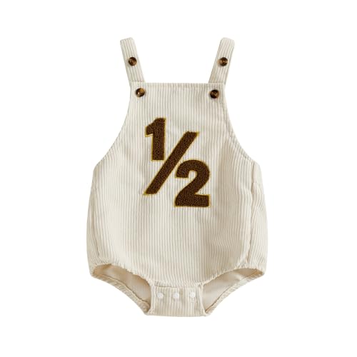 Thorn Tree Baby Half Birthday Outfit Sleeveless Embroidery Romper Rib Bodysuit Onesie Infant Cake Smash Outfit (Khaki 6-12 Months)