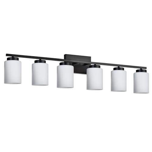 Image of 6-Light Bathroom Vanity Light with Milky White Frosted Glass,Matte Black Modern Bathroom Wall Mounter Light Fixtures Over Mirror for Living Room