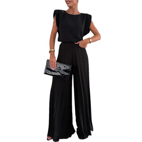 Women Temperament Suit Mujer O-Neck Sleeveless Blouse&Pleat Pants Elegant Solid Color Two Piece Work Outfits