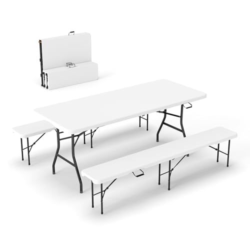 Real Relax 6' Picnic Table with 2 Benches, 3 Piece White Portable HDPE Folding Camping Table and Benches for Courtyard, Garden, Outdoor Leisure, Party