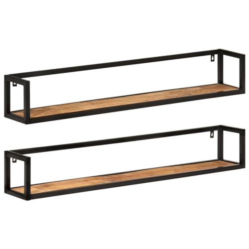 Drainlyn 2 estantes de pared de madera maciza de mango y hierro, 110 x 17 x 17 cm, estantería de pared flotante para salón, dormitorio, baño, pasillo, orden y decoración