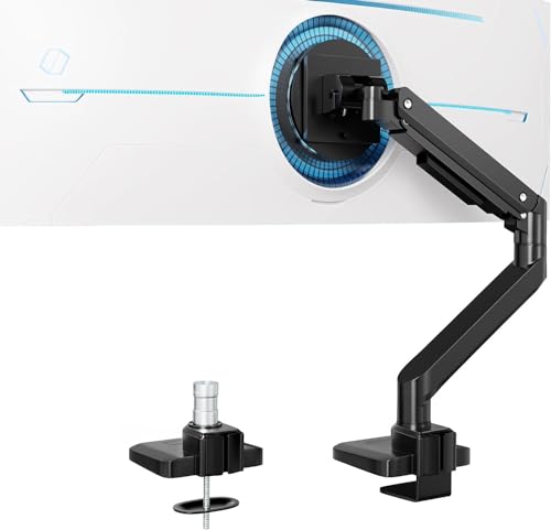 Premium Heavy Duty Monitor Arm for 17 to 49 inch Screens up to 44lbs, Fully Adjustable Ultrawide Single Clamp-on Desk Mount Stand, VESA 75x75/100x100mm (Black)