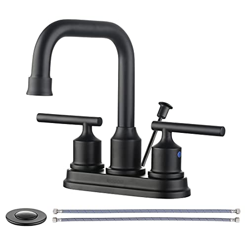 WOWOW Bathroom Faucet Black 4 inch Bathroom Sink Faucet Centerset Lift Rod Drain Stopper 2 Handle Lavatory Vanity Tap High Arc Modern
