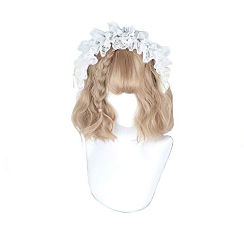 aiyaya Short Curly Flaxen Wig - Cosplay Wig, Wigs for Women, Natural Synthetic Wig, Bang Wig, Lolita Wig with Wig Cap