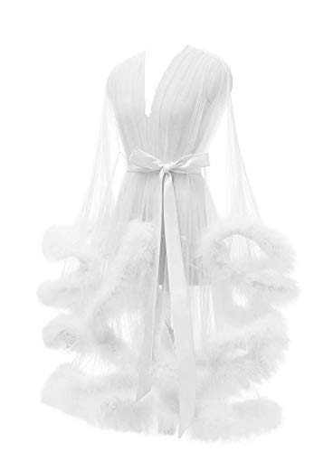 Lamosi Sexy Feather Robe Illusion Fur Trim Boudoir Robe Nightgown Bathrobe Bridal Lingerie
