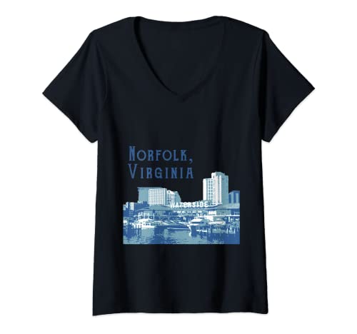 Mujer Me encanta Virginia Gifts Retro Norfolk, Virginia Skyline Camiseta Cuello V