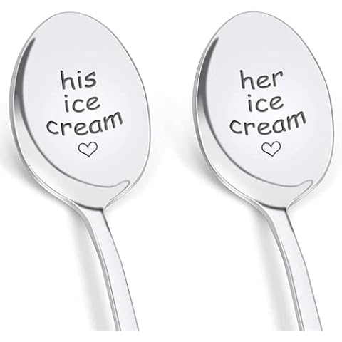 HANYUU Valentines Day Ice Cream Spoons Present,2 Pieces Stainless Steel Engraved Coffee Spoon Cover