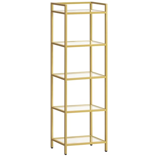 HOOBRO 5-Tier Gold Shelf Narrow Book Shelf Display Cabinet with Glass Bookcase Corner Shelf Storage for Small Spaces for Home Office Living Room Bedroom Gold GD45SJ01