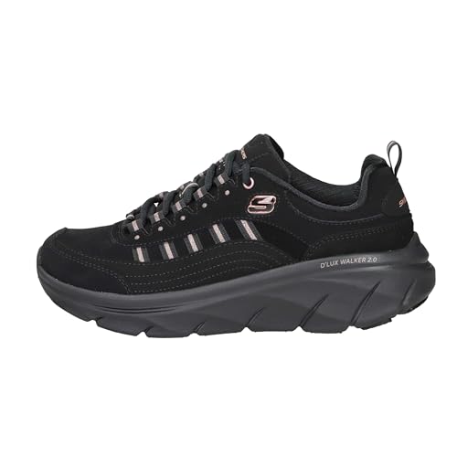 Skechers D'lux Walker 2.0 Golden Step- Tenis para Mujer, Cuero Negro con Ribete de Oro Rosa, 37 EU