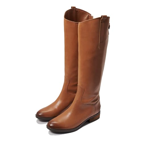Women's Riding Knee High Boots Classic Leather Horse Boots with Back Zipper Round Toe Flat Chunky Heel Fashion Biker Motorcycle Shoes