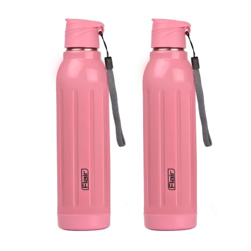 Image of FLAIR Arrow 900 Stainless Steel Water Bottle Set of 2 (650 ml Each), Pink, Hot & Cold, Leakproof, BPA-Free, ISI Certified, Stainless Steel Bottle for Office, Gym, Travel, Trekking & Outdoor Sports