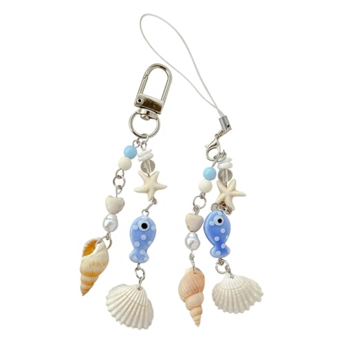 JIHUOO 2 llaveros de concha de estrella de mar y dijes de teléfono con cuentas de corazón para bolsa, bonitos dijes de monedero de peces, estrellas de mar, conchas de mar, dijes de teléfono celular