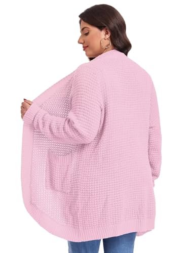 Image of LARACE Long Cardigans for Women Plus Size Tops Open Front Sweaters with Pockets Waffle Ribbed Sleeve Loose Fall Outwear