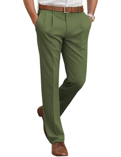 Men's Classic Fit Dress Pants Straight Leg Spring Summer Casual Suit Pants Pleat Front Plain Work Business Trousers Slacks Olive Green