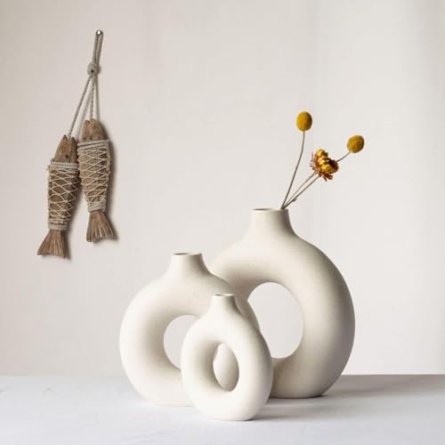 Image of White Donut Vase Hollow Ceramic Vase for Flowers Handmade Minimalist Style Modern Home Decor Round Shape Table Party Living Room Office Bedroom (8 Inch X-Large)