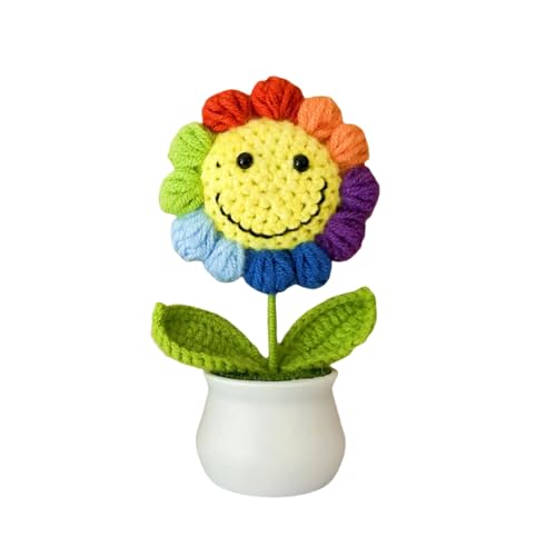 Crochet Sunflower Crochet Flower for Thank You Gifts-Artificial Rainbow Flowers Office Desk Decor for Women or Teachers -Knitted Sunflowers Gift for Birthday Christmas Party Car Dashboard Decoration