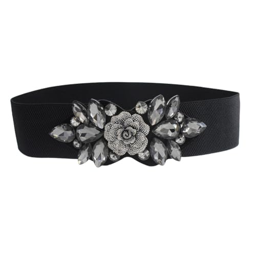 PHEZEN Plus Size Women Flower Elastic Belts Crystals Stretch Belt Wide Dressy Belt Fancy Dress Waist Accessories, Black Diamond