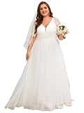 Ever-Pretty Plus Women's Lace V Neck A Line Short Sleeves Long Simple Bridal Gown Plus Size Wedding Dress for Bride White US26