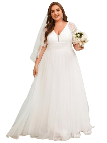 Ever-Pretty Plus Women's Lace V Neck A Line Short Sleeves Long Simple Bridal Gown Plus Size Wedding Dress for Bride