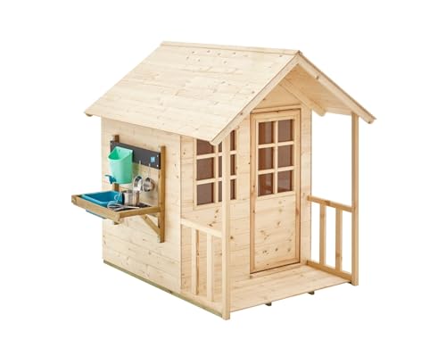 TP Toys Maisonnette Chalet Prairie en Bois avec Cuisine Extérieure et Ustensiles – Cabane Enfant avec Auvent, Plancher, Fenêtre Plexi et Pochoirs – 3 Ans+