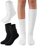 PLULON 2 Pairs Slouch Socks for Women, White Black Stockings Scrunch Slouchy Long Boot Socks Knee High Knit Tube Leg Warmers for Boots Sneakers Mother's Day Valentine's Day Gift (Size 5-11)