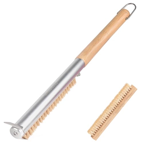 Manucode Brosse de four à pizza avec grattoir 52 cm Poils naturels pour nettoyer la pierre à pizza Manche en bois