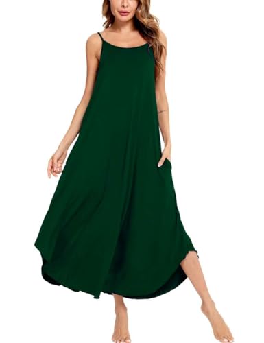 Image of SWOMOG Women Long Nightgown Pajama Dress Soft Strap Nightdress Summer Sleeveless Nightshirt Lounge Dress with Pockets