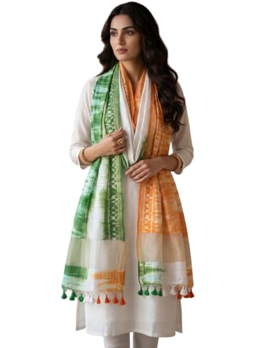 Image of DUPATTA BAZAAR Women's Shibori Tri Colour Cotton Silk Blend Dupatta with Tasselled Border | Lightweight Ethnic Stole for Kurti, Suit, Festive and Casual Wear (Design-1, Free Size)