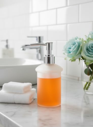 Image of Premium Frosted Glass Liquid Soap Dispenser with Rust-Proof Chrome Pump | Elegant Refillable Hand Sanitizer & Lotion Bottle for Bathroom Countertop, Kitchen Sink, and Wash Basin