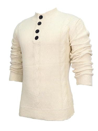 Tooluck Men's Cable Knit Mock Neck Sweater, 4-Button Henley Design, Cream Color, Long Sleeve