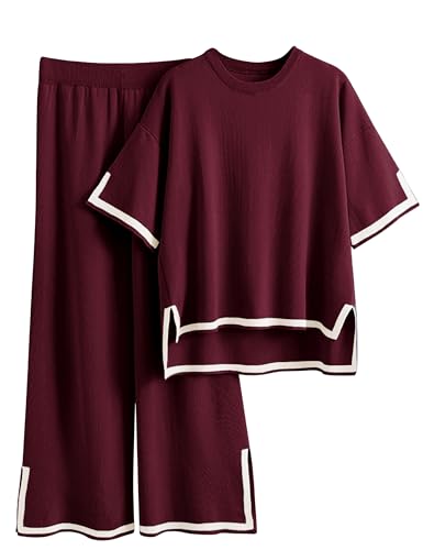 Image of Tanming Sweater Sets Women 2 Piece Lounge Sets Short Sleeve Knit Pullover Tops Wide Leg Pants