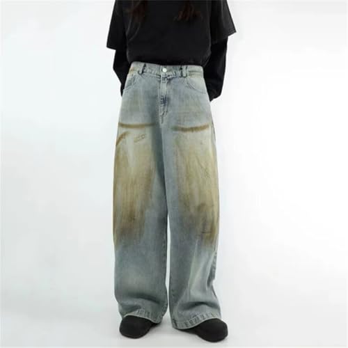 Men's Yellow Mud Washed Jeans, Loose Fit, Straight Leg, Gradient Color, Summer Denim Pants3