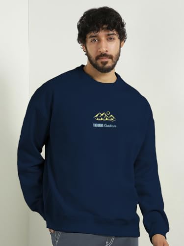 Image of Nobero Men's Graphic Printed Oversized Sweatshirt | Cotton Rich Fleece Round Neck Pullover | Relaxed Fit Casual Winter Wear for Men