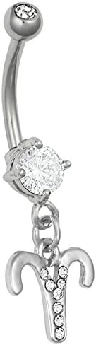 14GA Stainless Steel CZ Crystal Zodiac Sign Dangling Belly Button Ring
